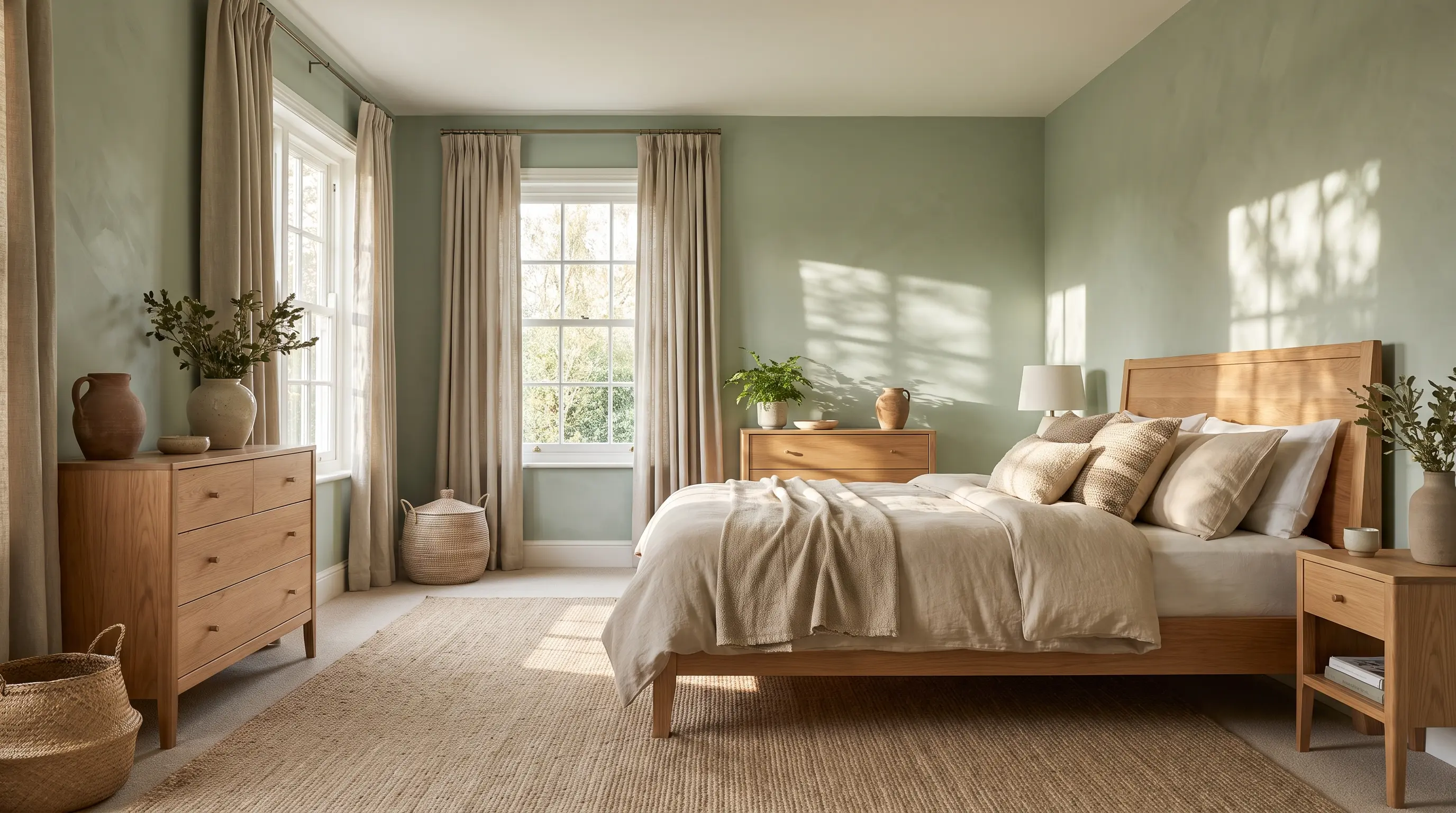 Calming bedroom color palette with sage green wall