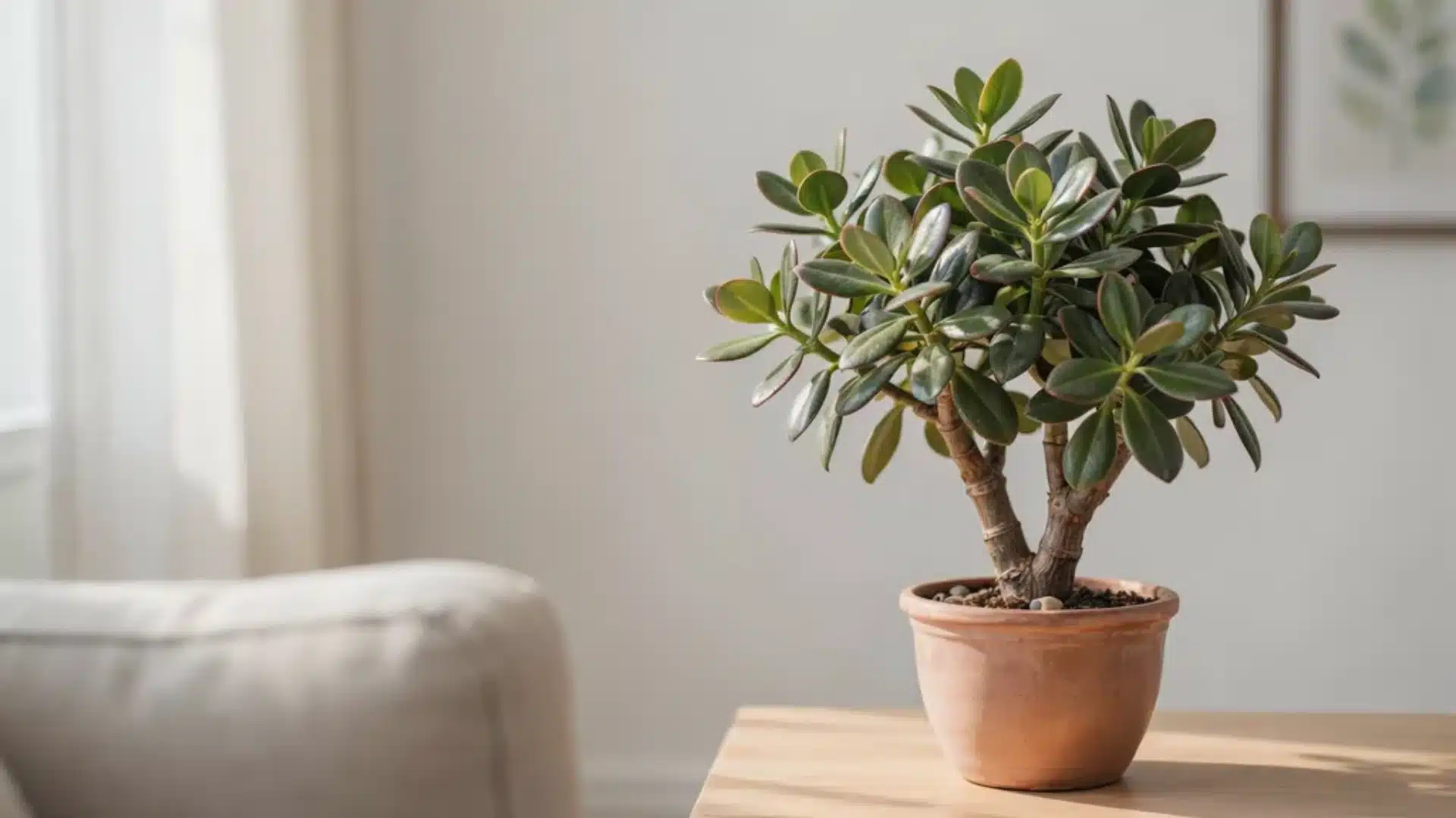 Classic Crassula ovata jade plant with thick green oval leaves in a simple terracotta pot on a wooden tabletop.