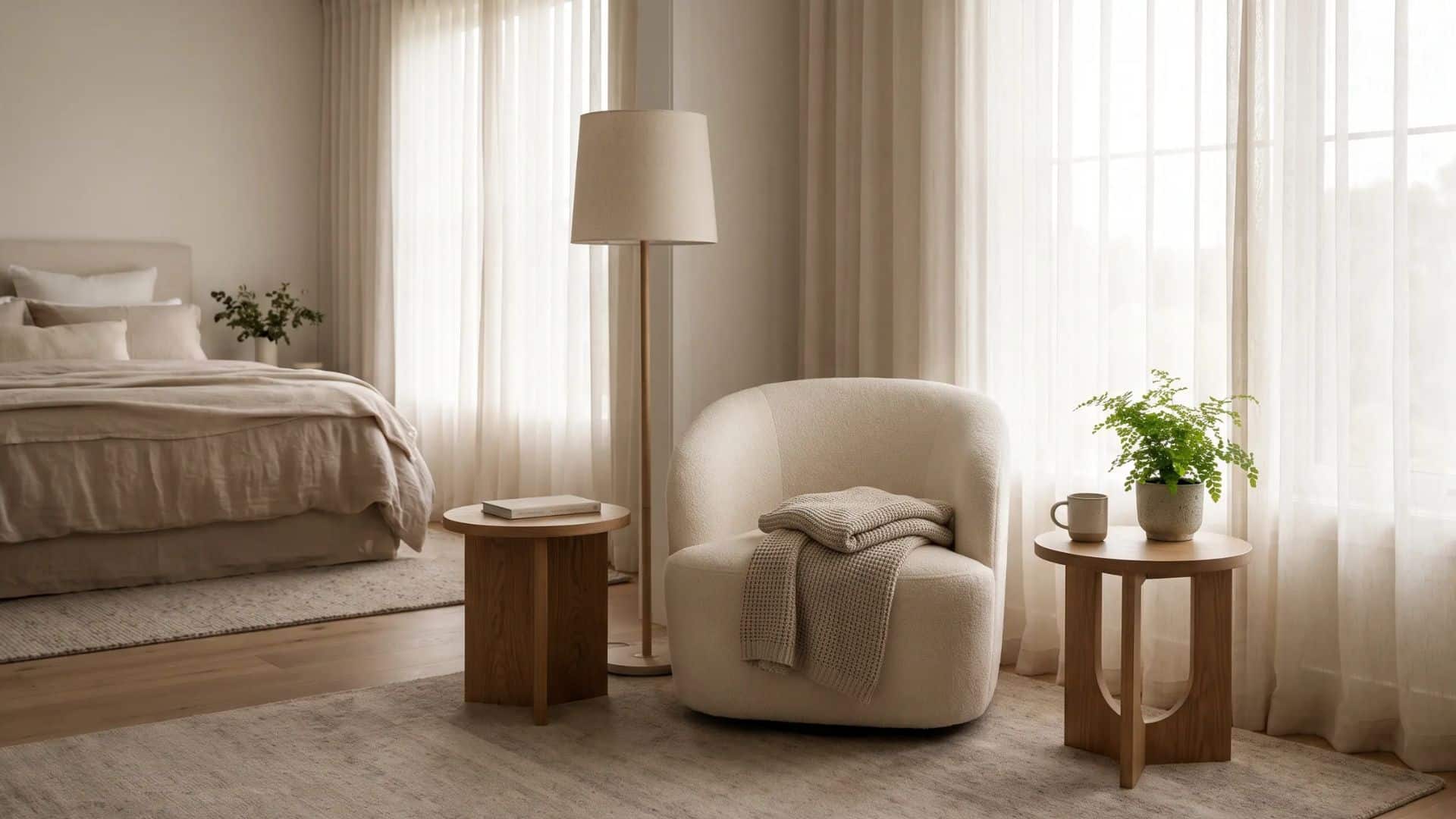Cozy reading corner in a master bedroom with an accent chair, side table, floor lamp, rug, throw, and plant.