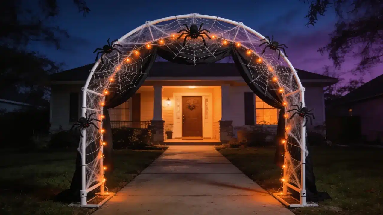 Creepy Halloween archway decorating an outdoor walkway.