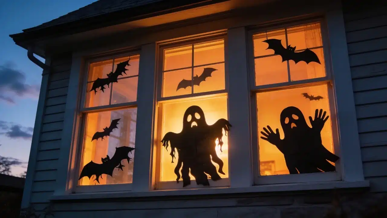 Creepy window silhouettes creating a Halloween house display.
