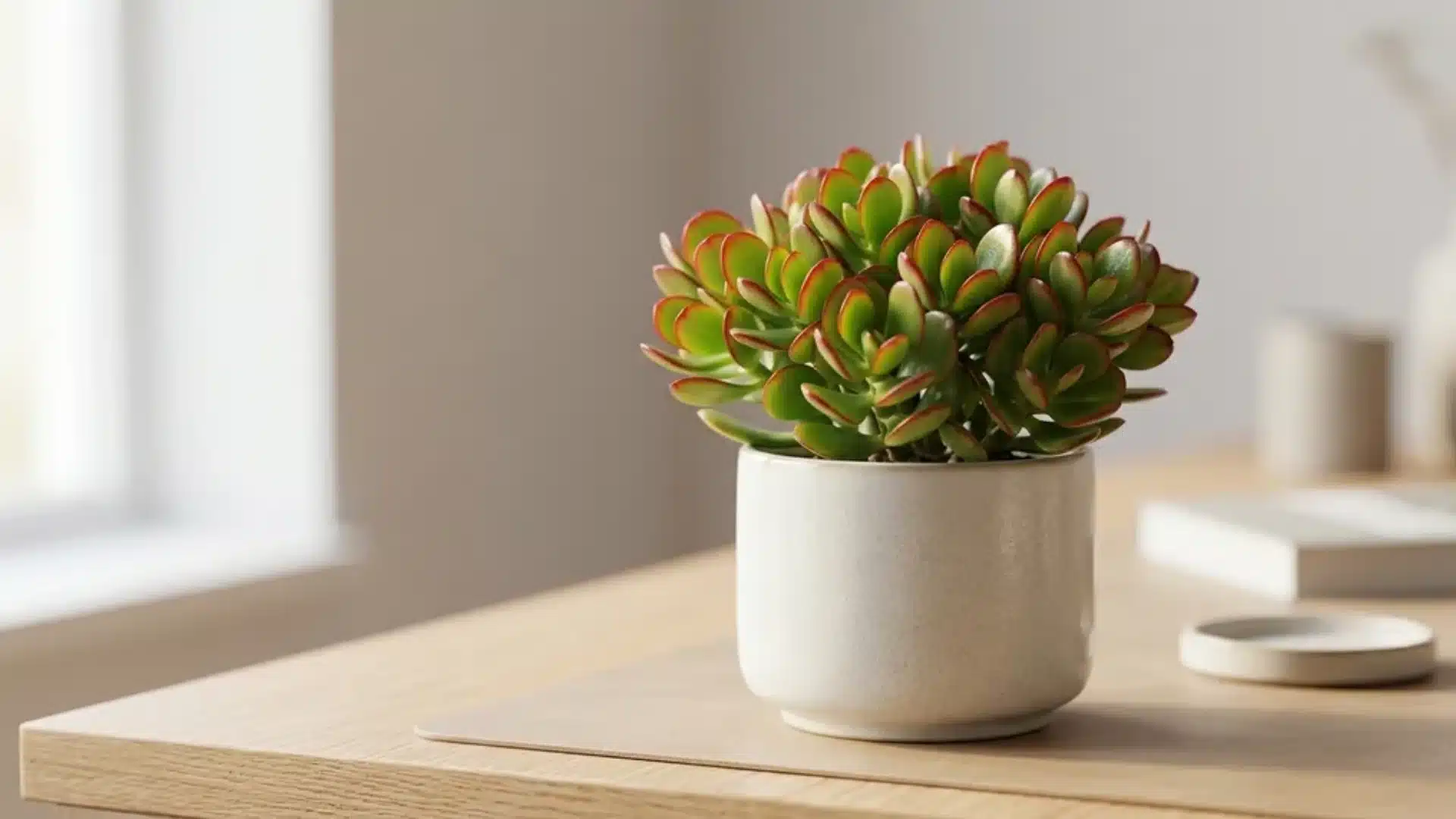 A compact jade plant with dense green foliage in a terracotta pot on a neutral indoor surface with soft lighting.