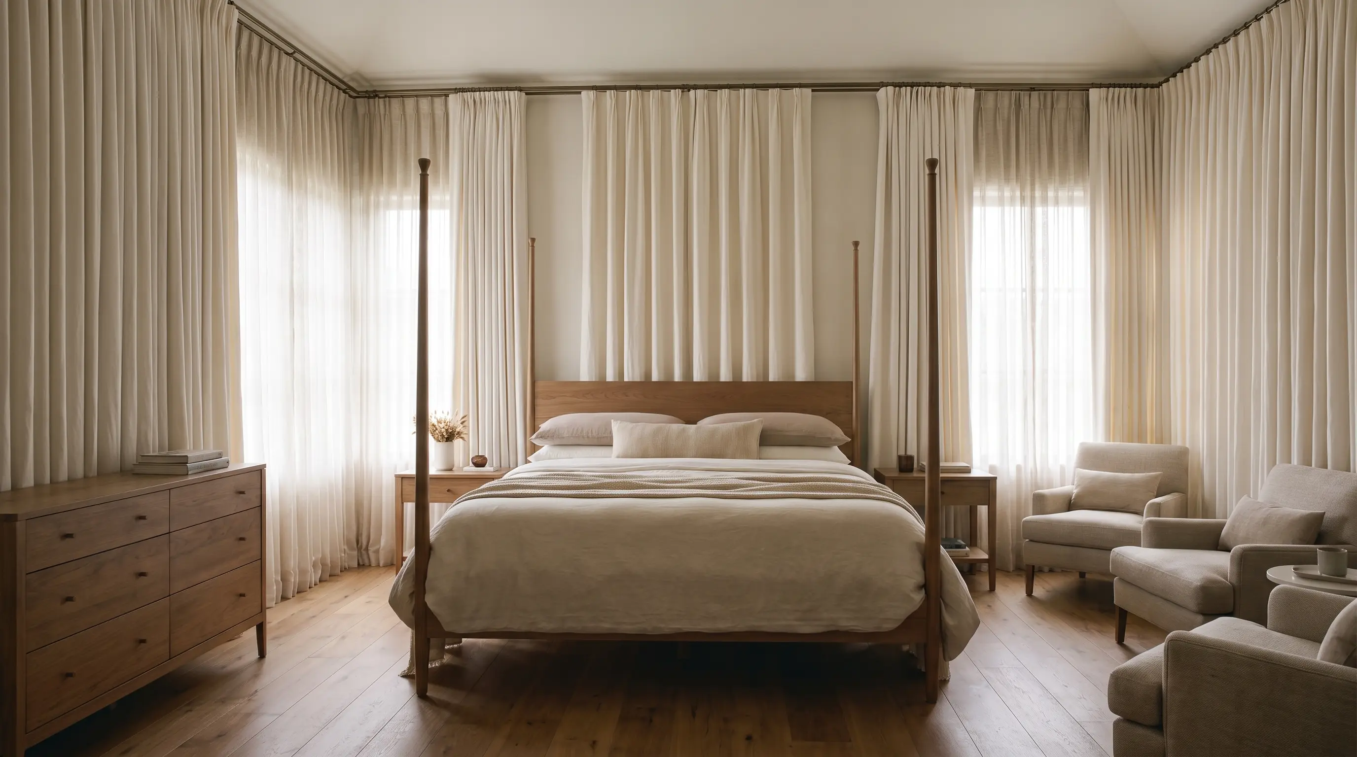 Master bedroom with floor-length curtains and soft natural lighting