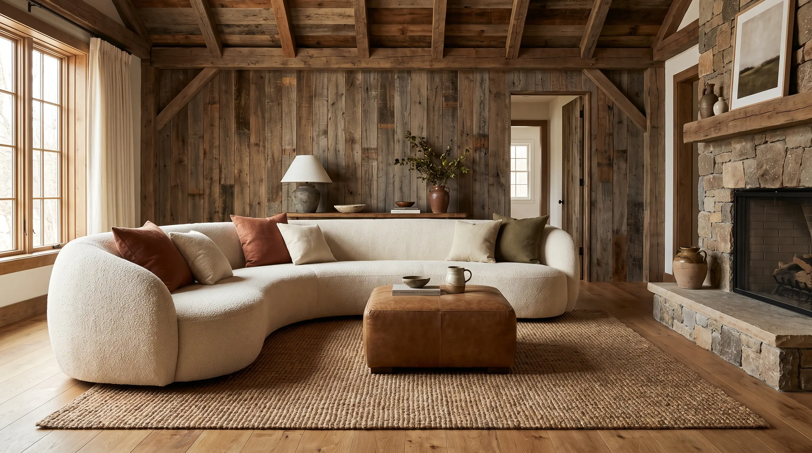 Modern rustic living room with a curved chair softening wood and stone textures