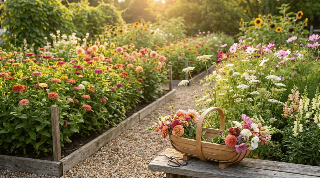 Colorful cut flower garden with fresh blooms, garden path, and harvested bouquet basket