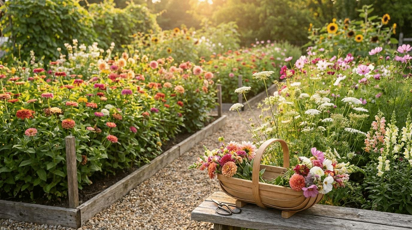 Colorful cut flower garden with fresh blooms, garden path, and harvested bouquet basket
