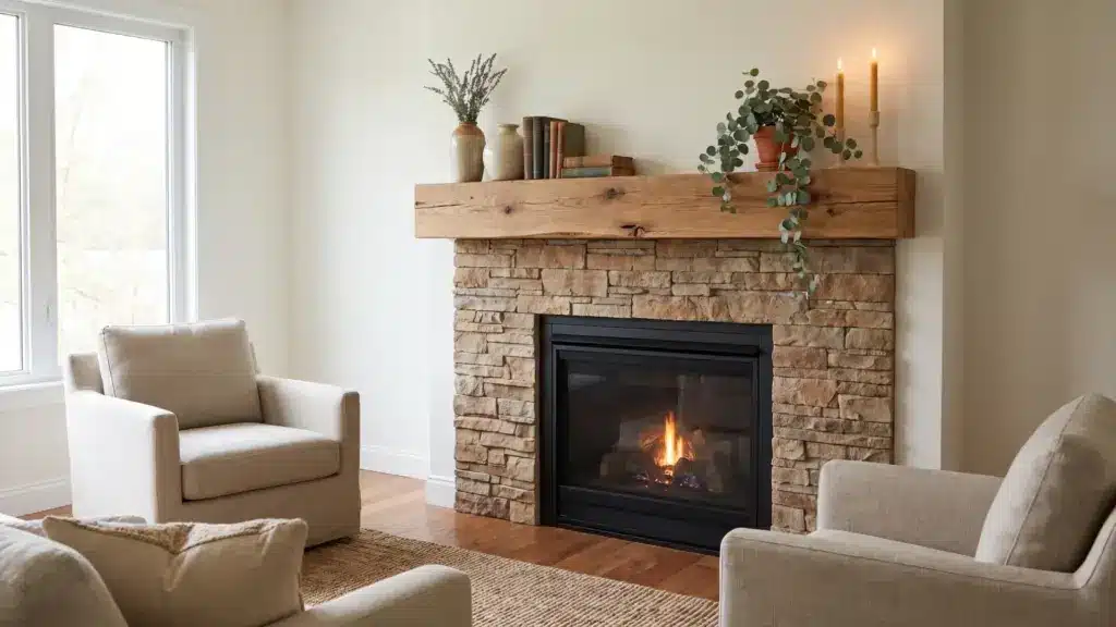 DIY fireplace mantel with rustic wood beam and cozy stone fireplace in living room.