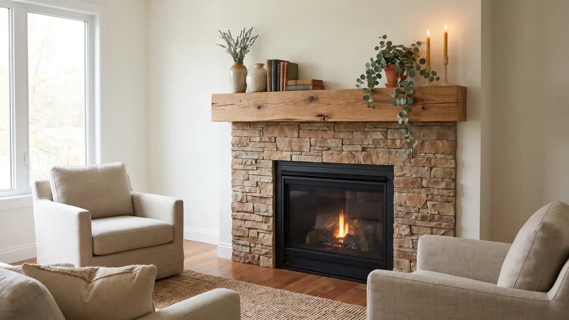 DIY fireplace mantel with rustic wood beam and cozy stone fireplace in living room.