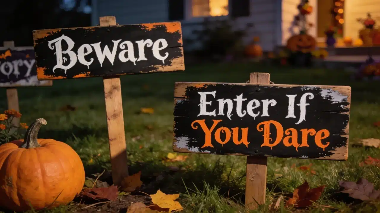 Rectangular wooden signs with a black painted base, distressed edges, and hand-painted Halloween-style warnings