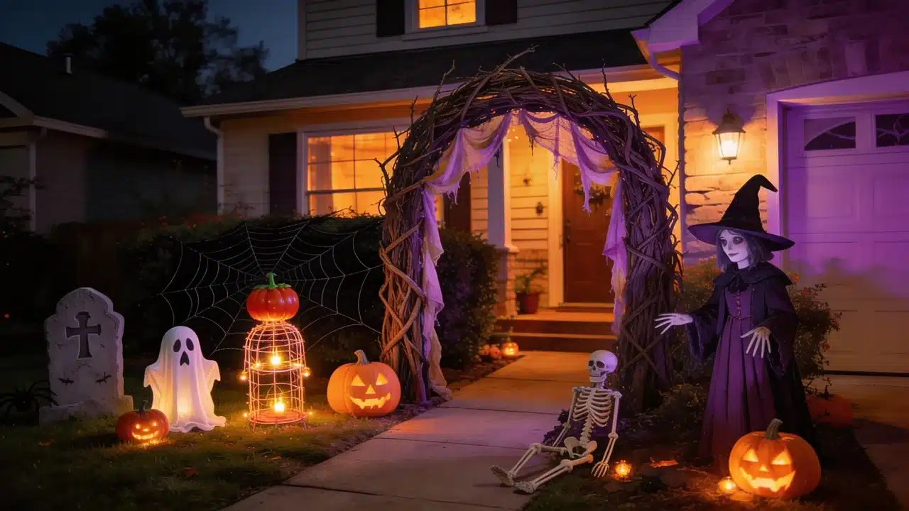 DIY outdoor Halloween decorations with handmade ghosts, tombstones, pumpkins, and spooky yard display.