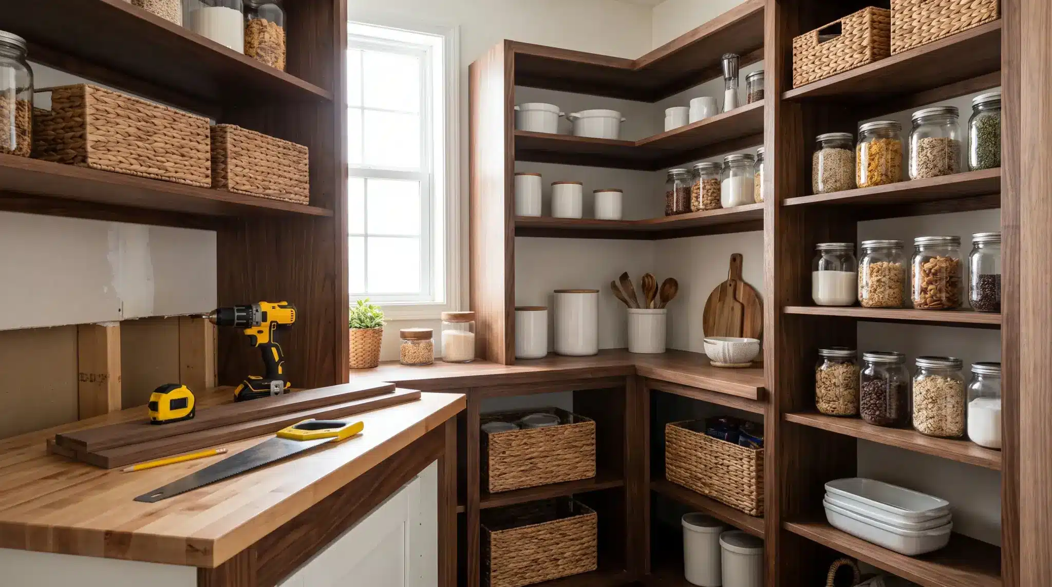 Finished DIY pantry shelves built with wooden boards and organized storage containers in a modern kitchen pantry.
