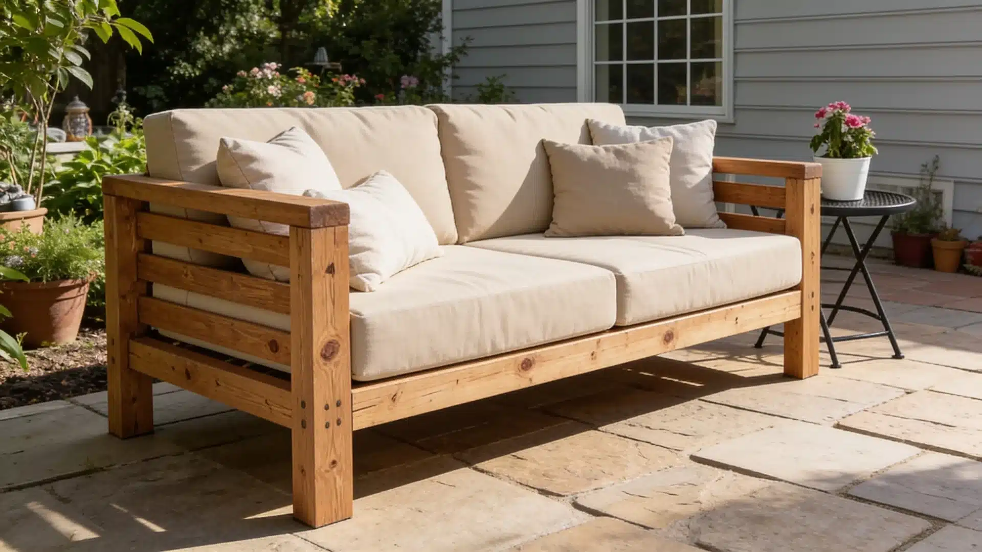 DIY wooden patio sofa with cream cushions placed on a stone outdoor patio.
