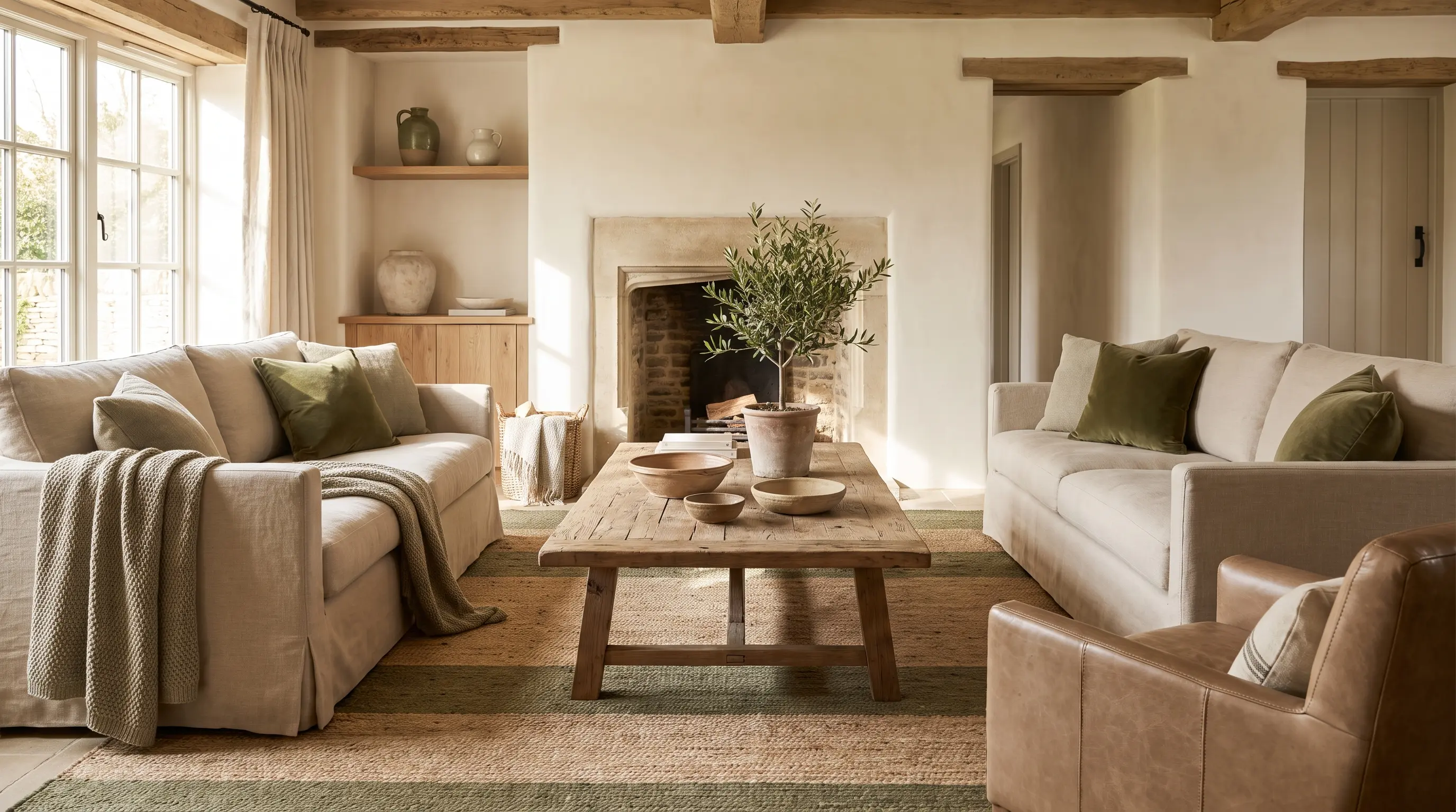 Modern rustic living room featuring olive green accents with neutral decor