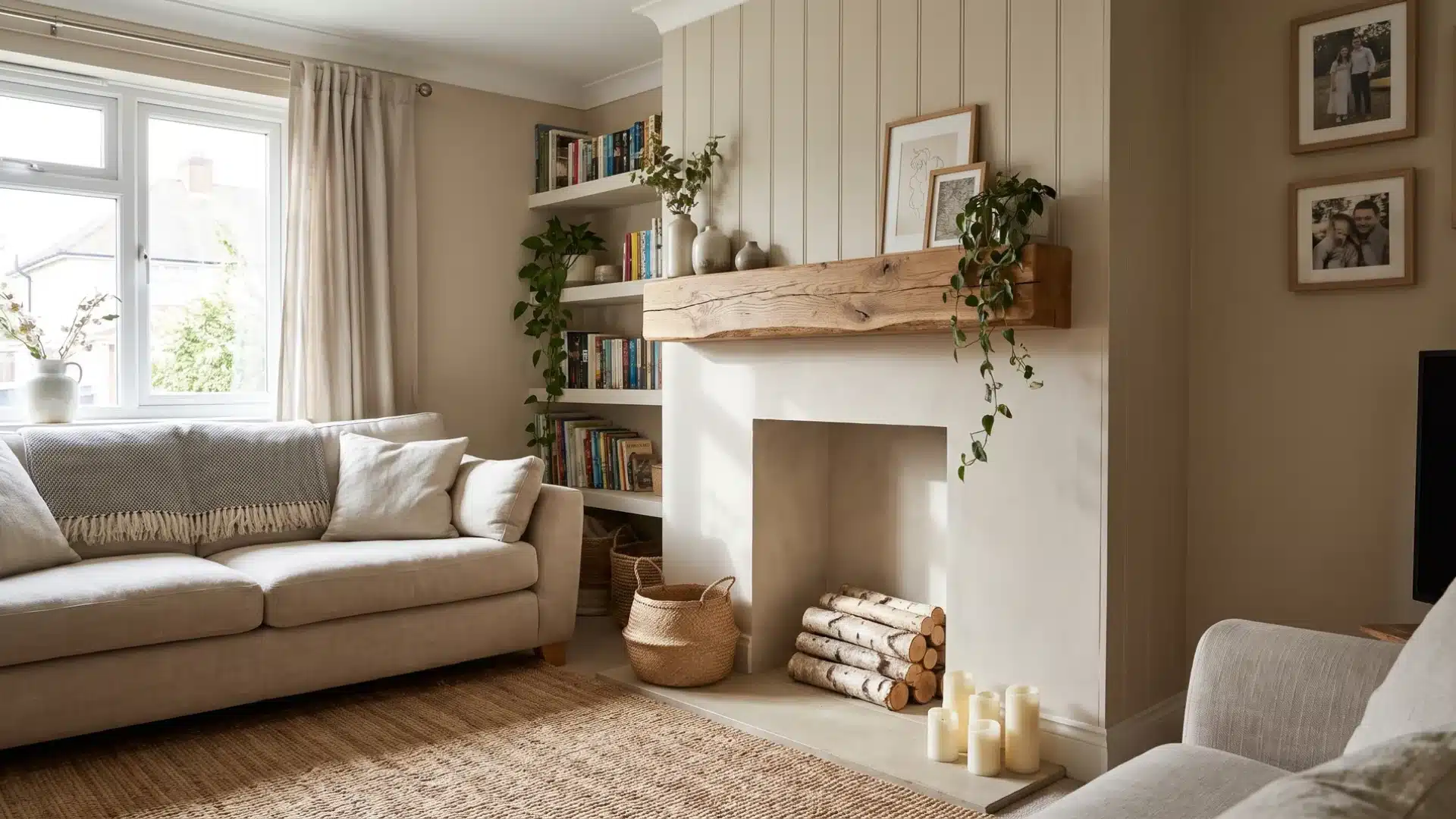 Floating DIY fireplace mantel above a non-working fireplace with cozy living room decor and plants.