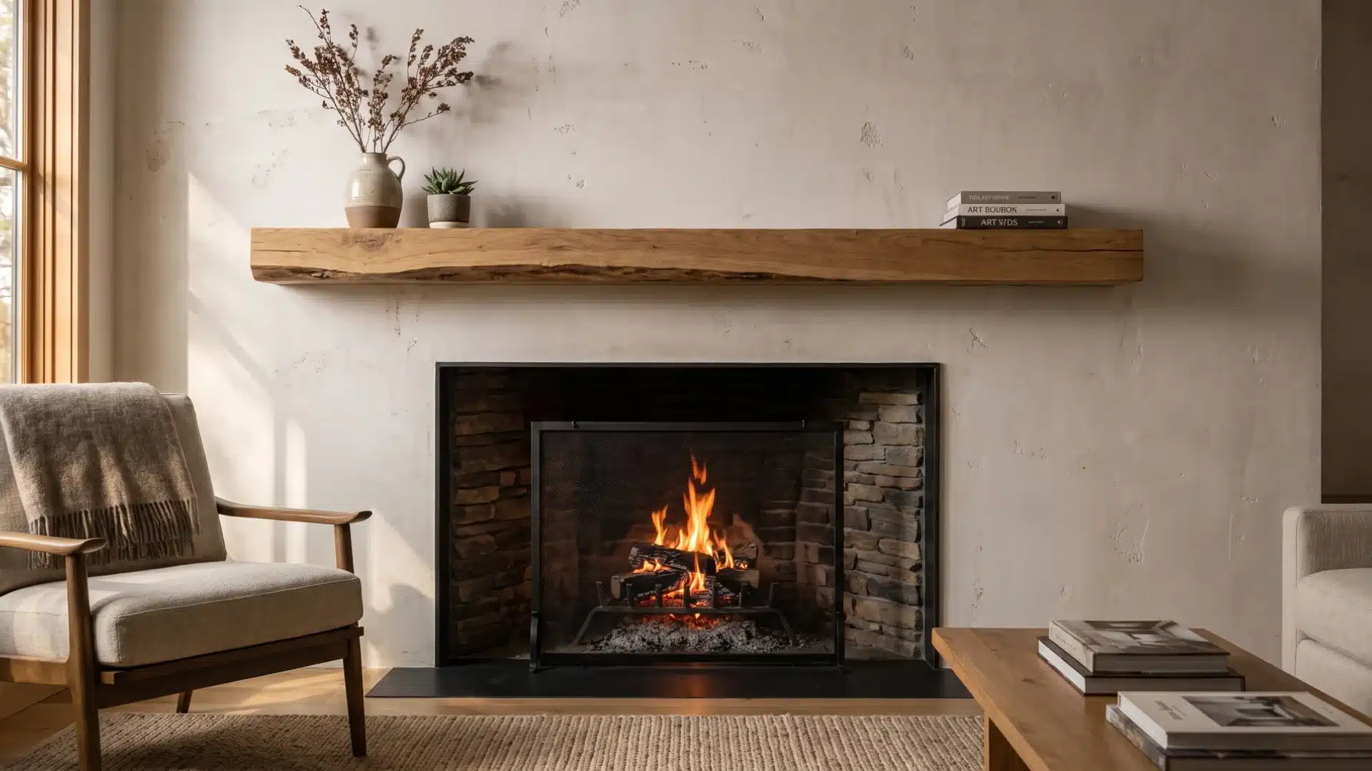 Floating wood fireplace mantel above brick hearth with simple natural decorations.