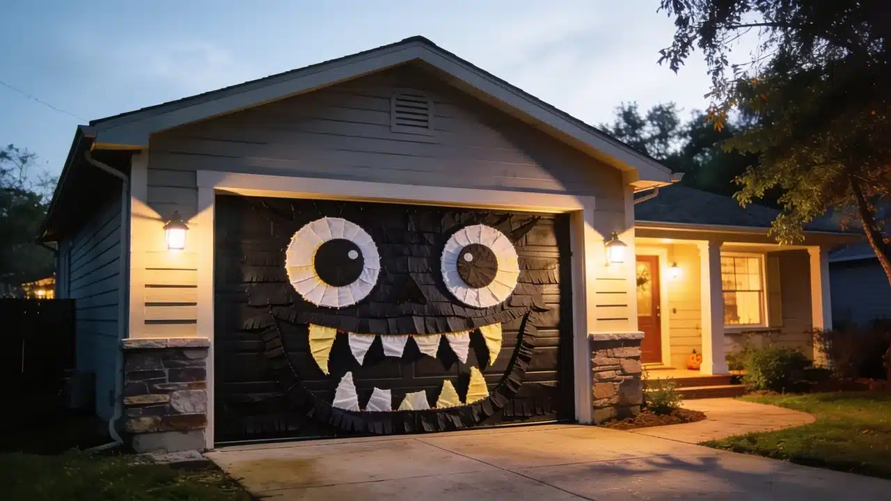 Garage door monster face made for DIY outdoor Halloween decor.