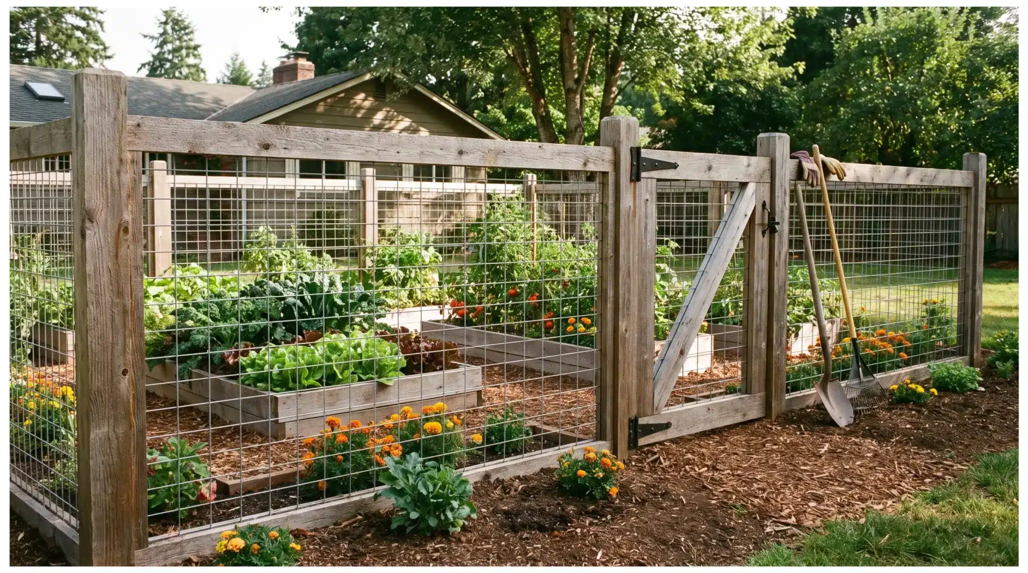 Completed DIY garden fence with wire mesh, wooden posts, and vegetable garden inside.