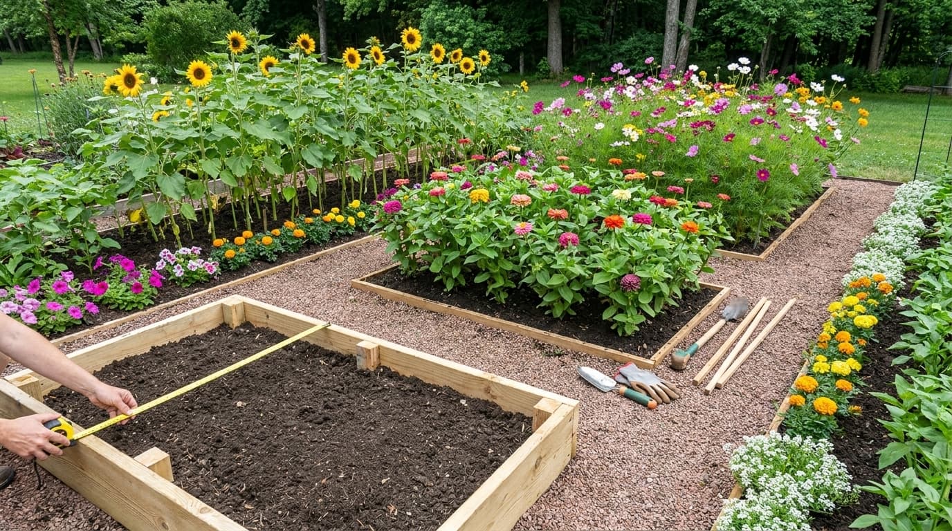 Measuring raised garden beds for a planned cut flower garden layout