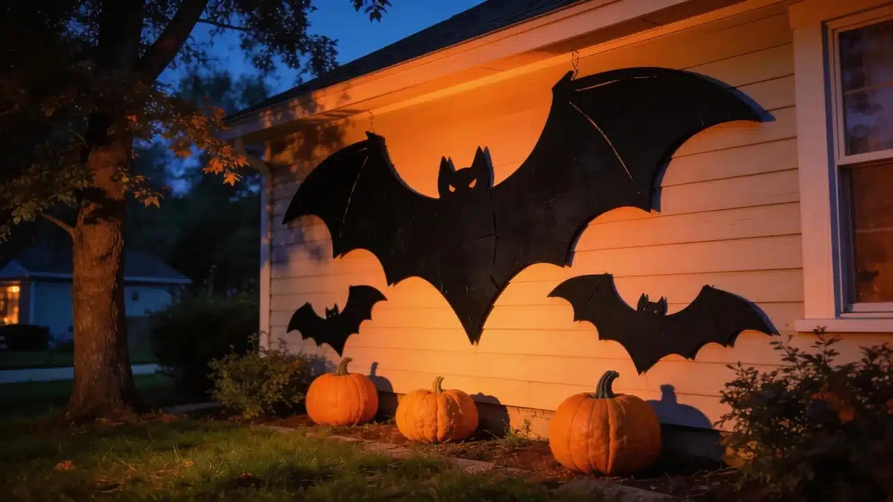 Giant bat cutouts hanging above a DIY Halloween yard display.