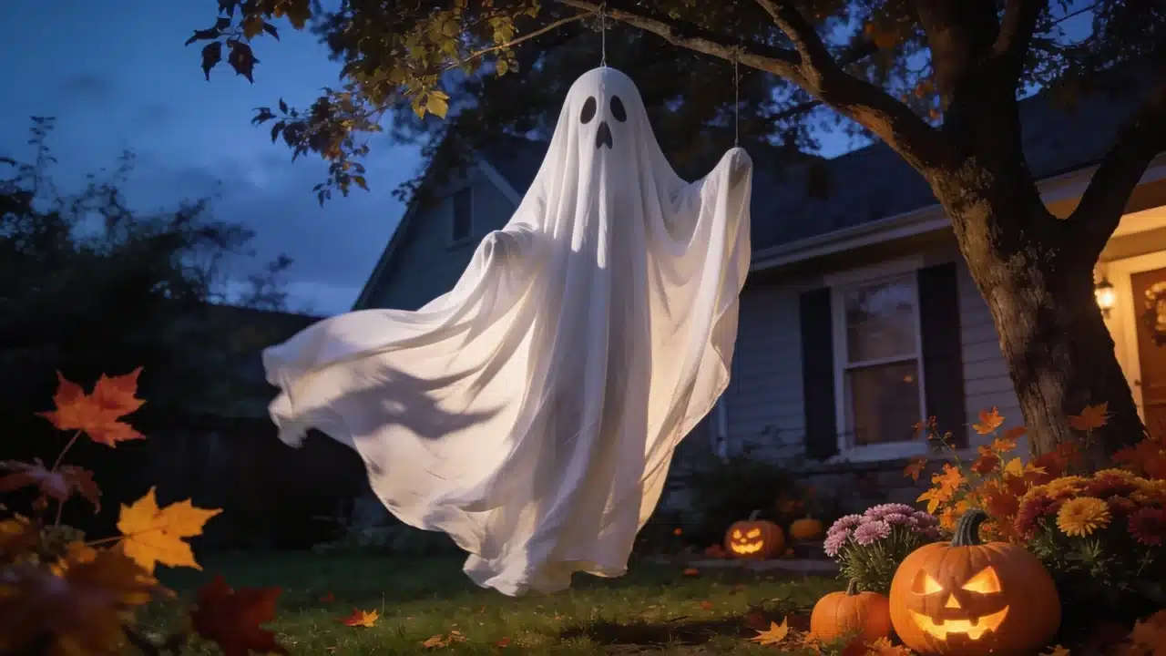 Giant ghost figures hanging outdoors for Halloween decoration.