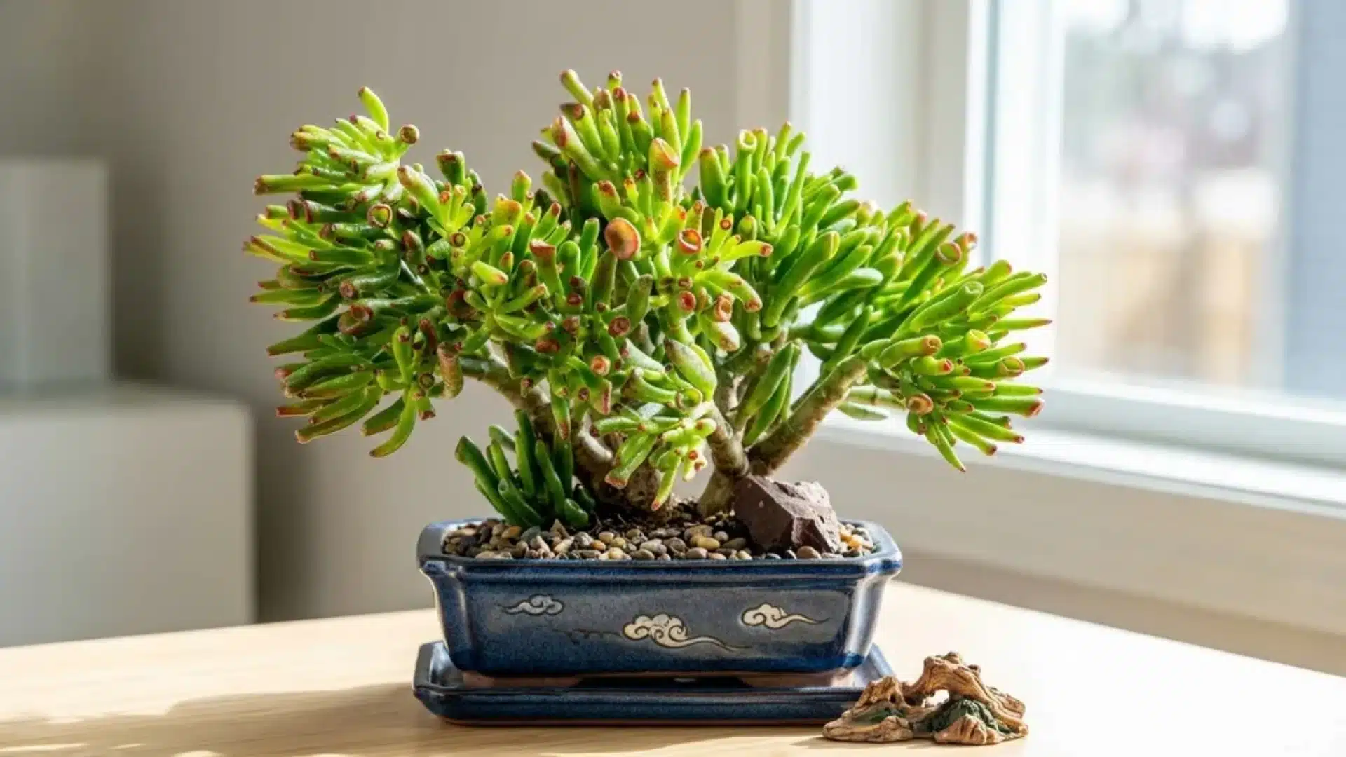 Gollum jade succulent with elongated tubular finger-like leaves and red tips in a ceramic pot.