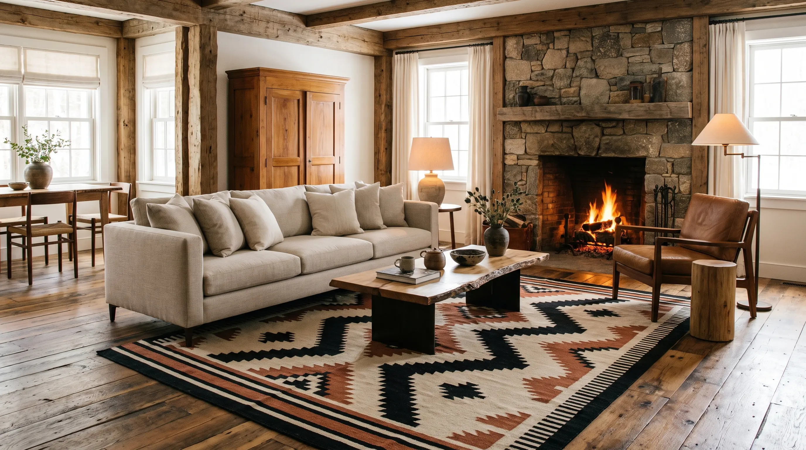 Modern rustic room with a geometric rug over reclaimed wood flooring