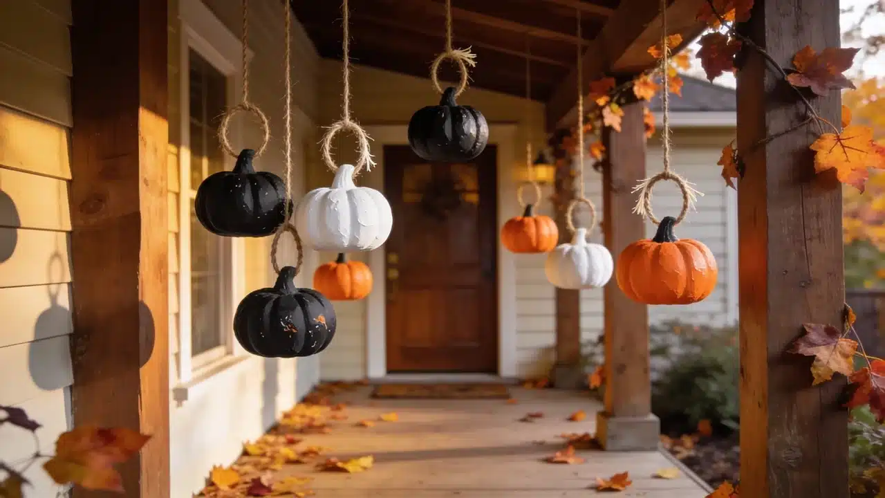 Decorated with hanging foam pumpkins. Feature small painted pumpkins in black, white, and traditional orange colors