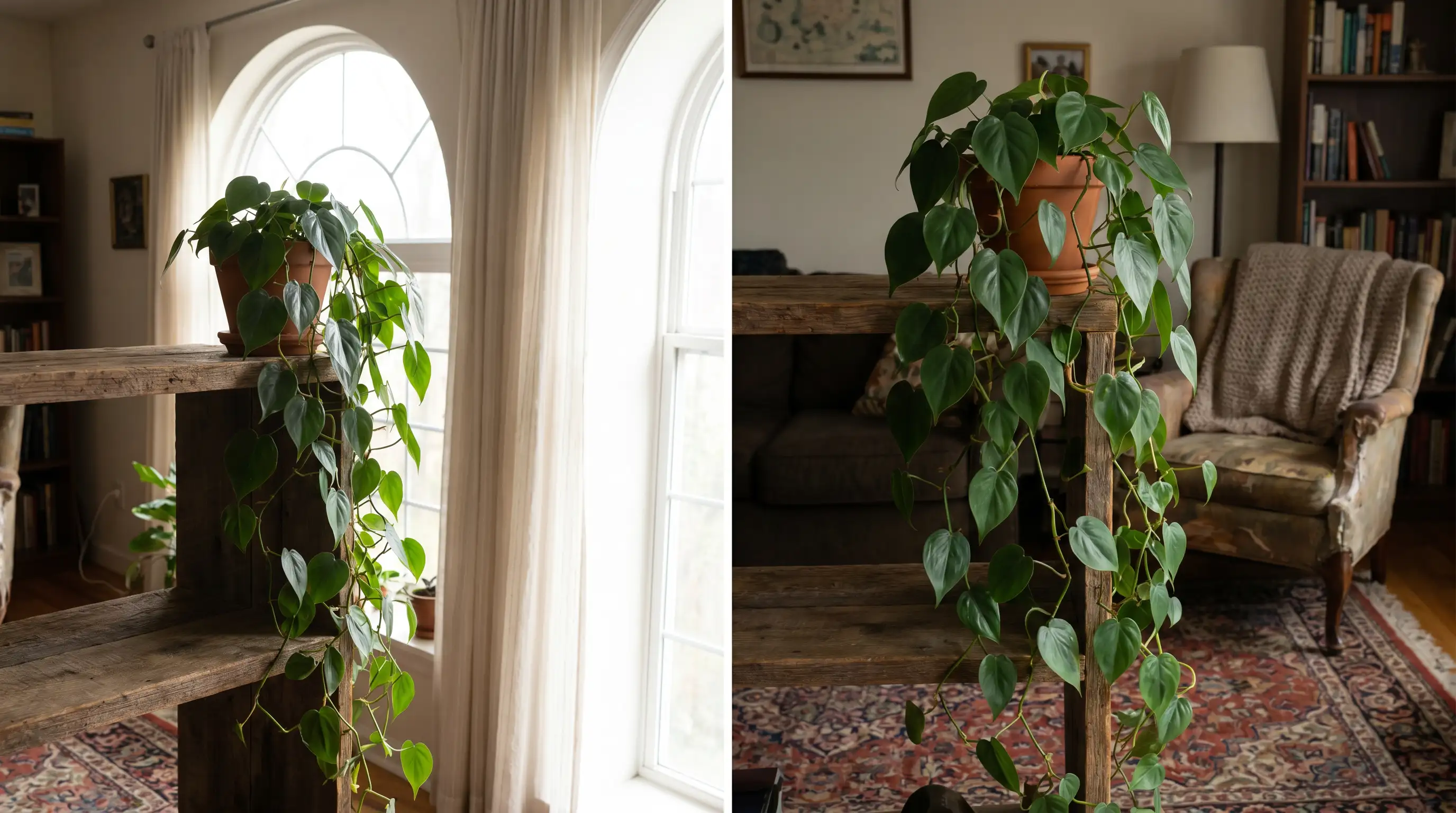 Heartleaf philodendron shown as one of the best north facing window plants with lush trailing growth in soft light.