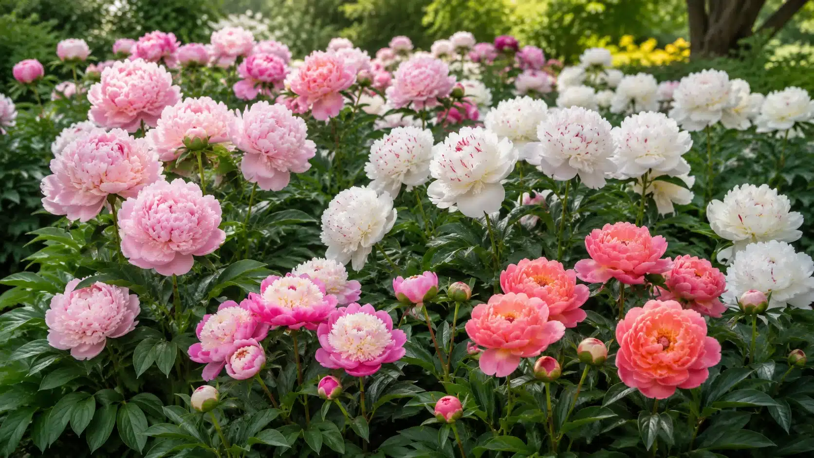 Pink, white, coral, and cream herbaceous peonies blooming across a lush green garden bed.