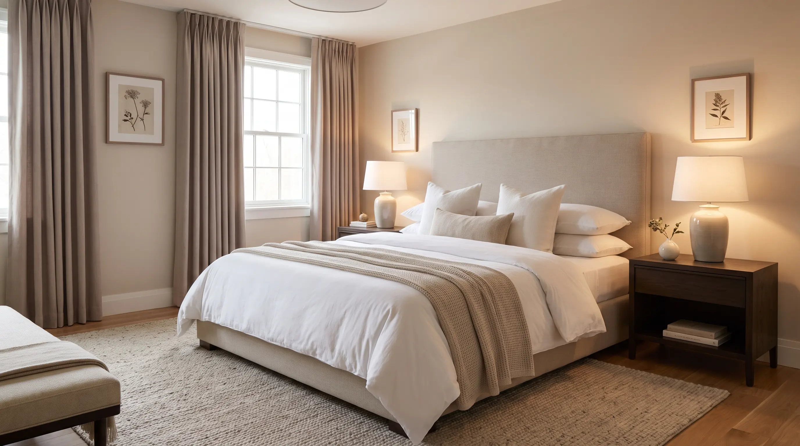 Cozy master bedroom with neutral bedding, upholstered headboard, matching bedside lamps, framed botanical art, and large windows.