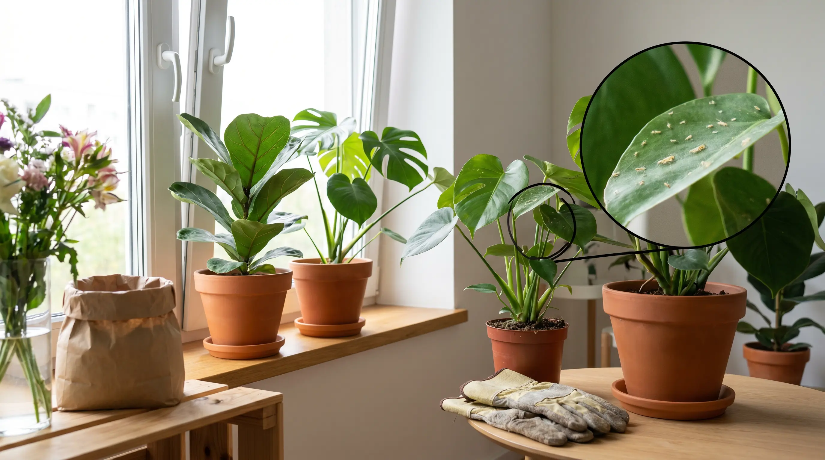 Indoor plants near a window showing pest spread sources, explaining how to get rid of bugs on indoor plants.