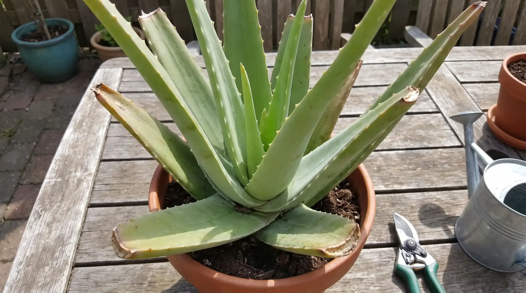 A mature aloe vera plant in a terracotta pot with thick outer leaves ready for cutting