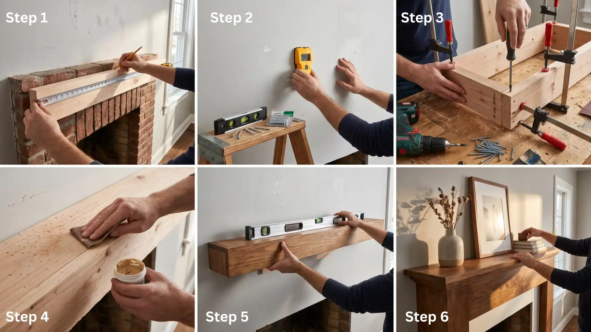 Step-by-step DIY fireplace mantel installation process showing measuring, building, sanding, and styling.