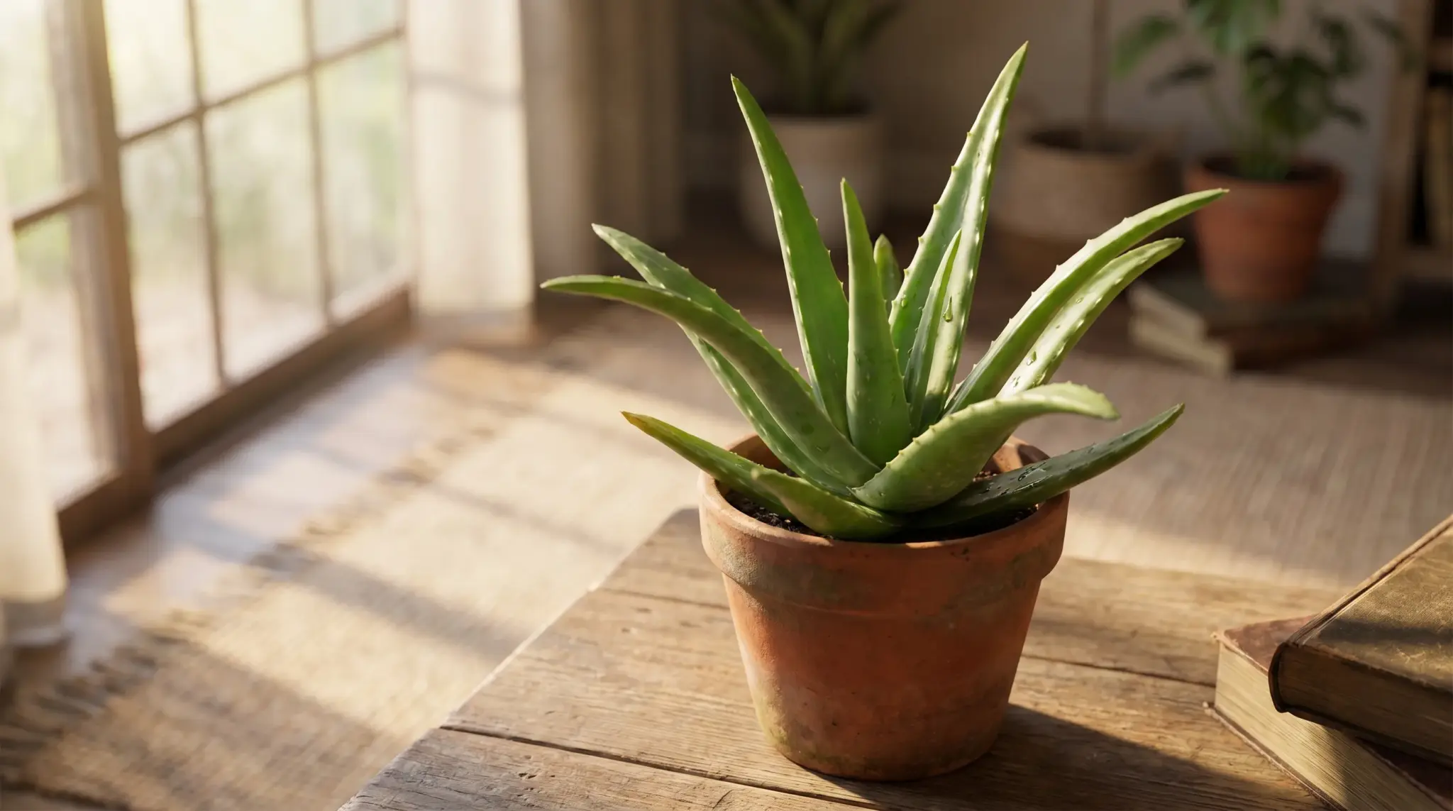 Aloe vera plant on windowsill in natural light highlighting healthy growth and caring for aloe vera indoor care setup.