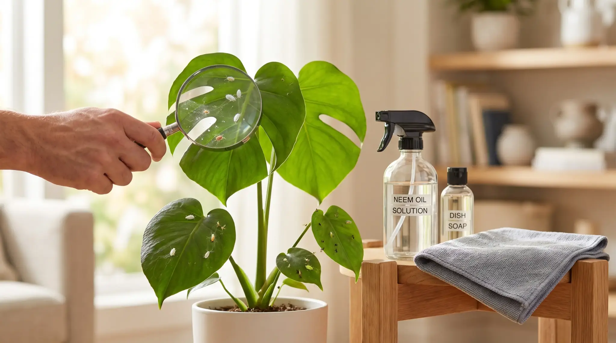 Magnifying glass inspecting Monstera leaves with pests while showing get rid of bugs on indoor plants methods using sprays.