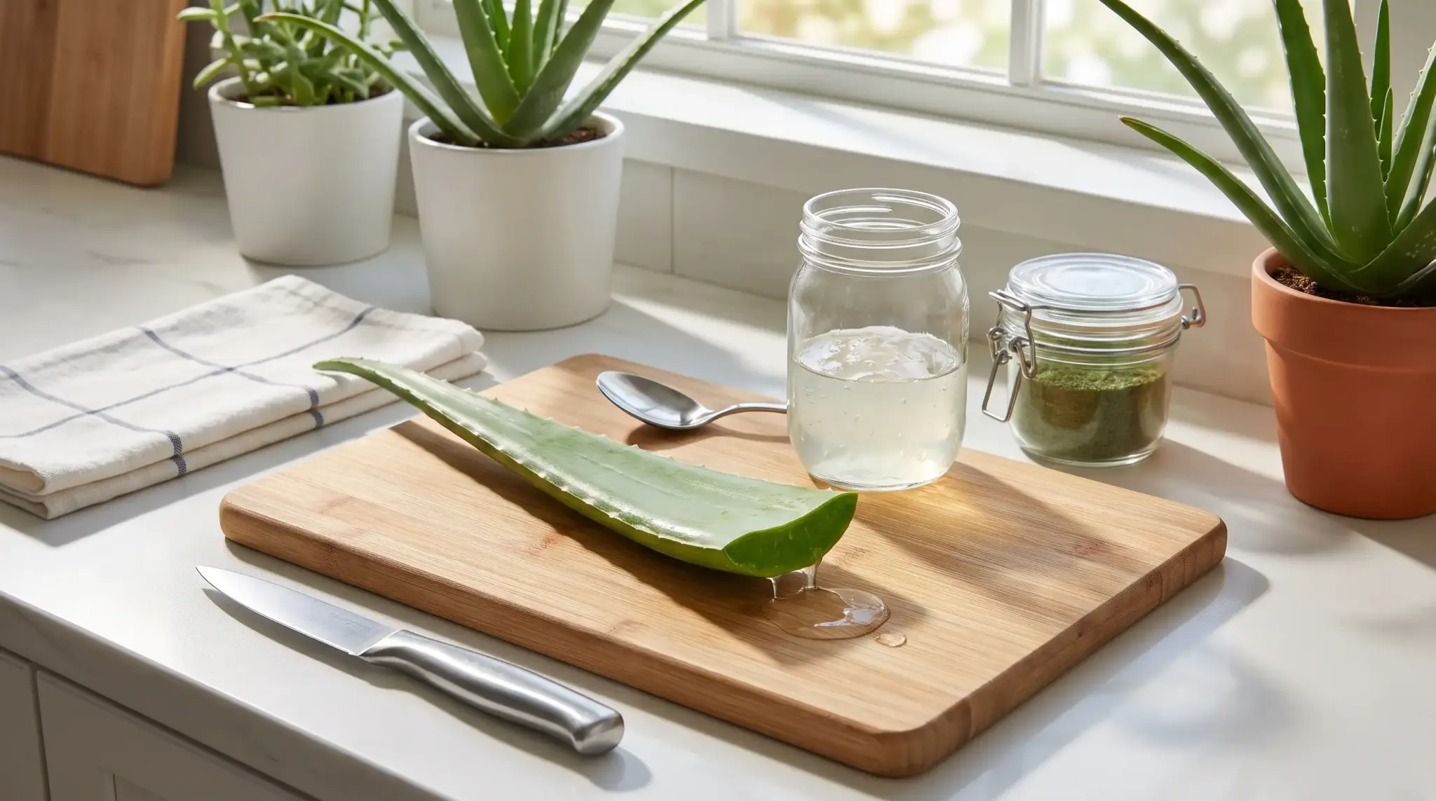 Clear aloe gel stored in a small glass jar beside a tray of frozen aloe cubes.