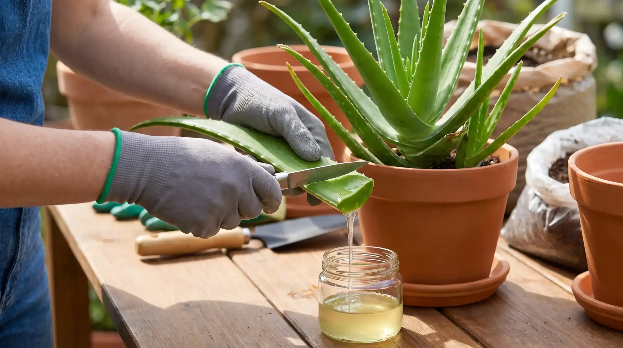 Gloved hands cutting aloe leaf on wooden table demonstrating how to harvest aloe vera gel carefully and cleanly.