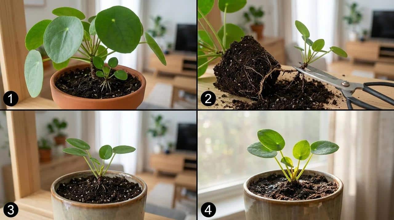 Chinese Money Plant propagation showing pup separation, planting, and new growth in four steps.
