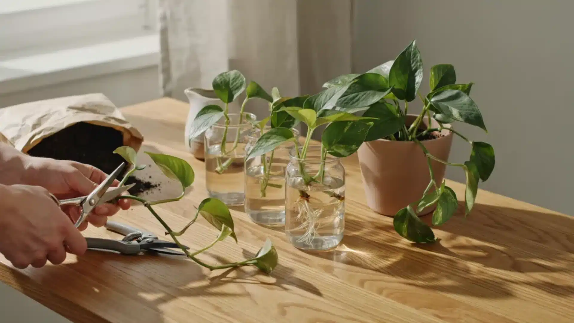 Hands trimming pothos vine cuttings on a wooden table with scissors, preparing sections for water propagation near a potted plant.