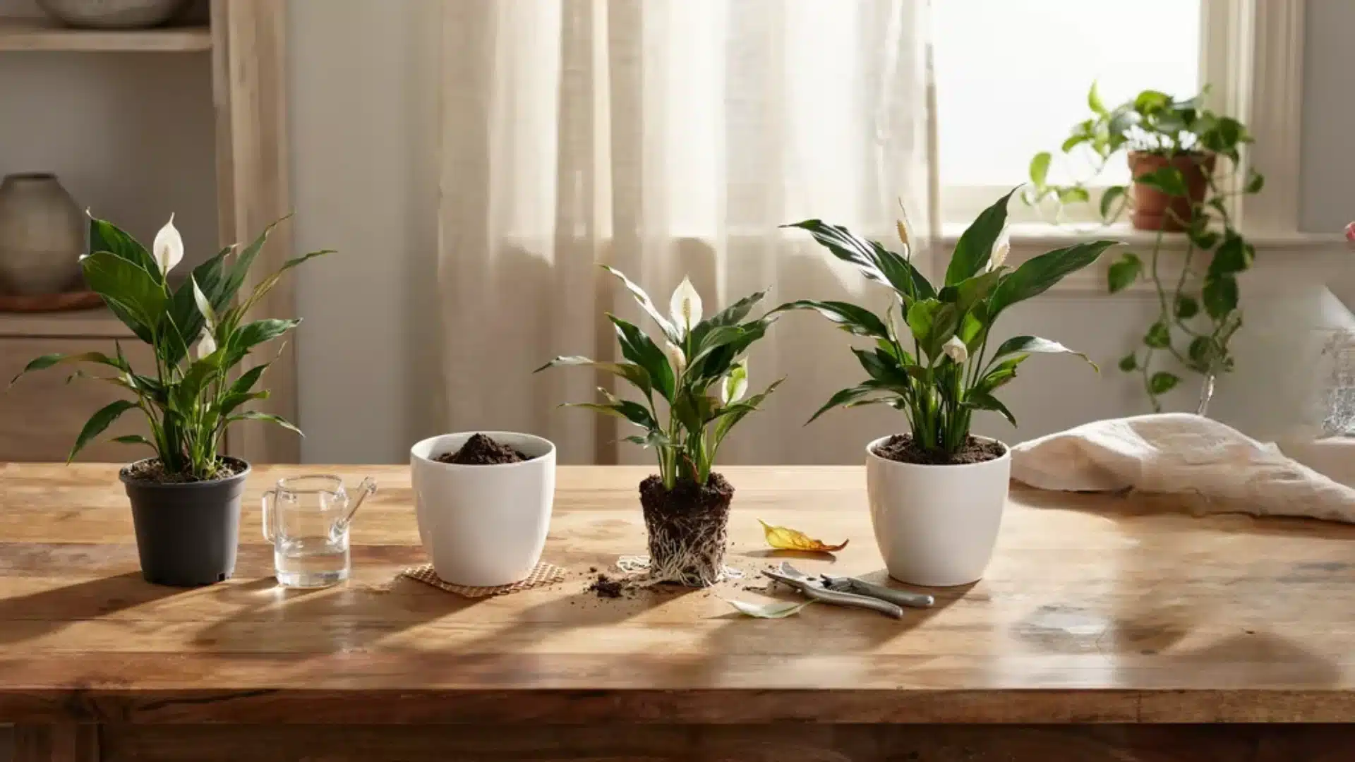 Step-by-step repotting process showing hands lifting a peace lily, loosening roots, and placing it into fresh soil in a pot on a wooden table in natural indoor light.