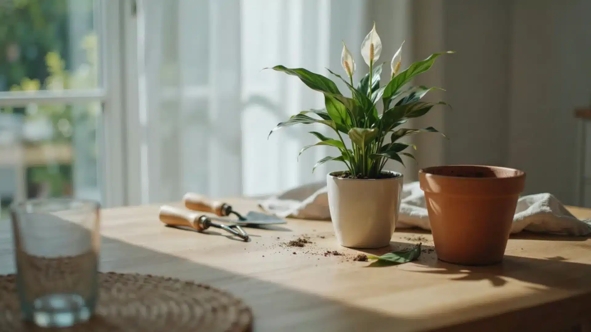 Peace lily repotting setup on a wooden table with terracotta and ceramic pots, soil scattered around, gardening tools, and a watering can.