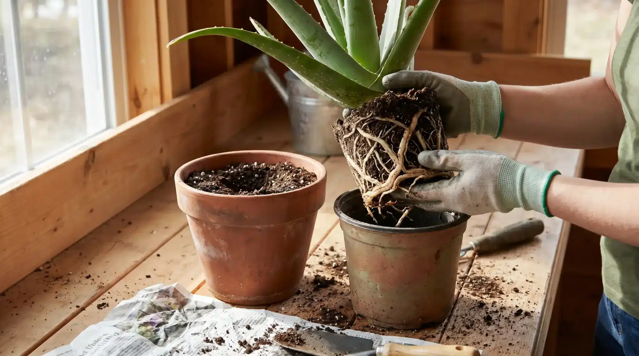 Water being poured slowly onto the soil of a potted aloe vera plant