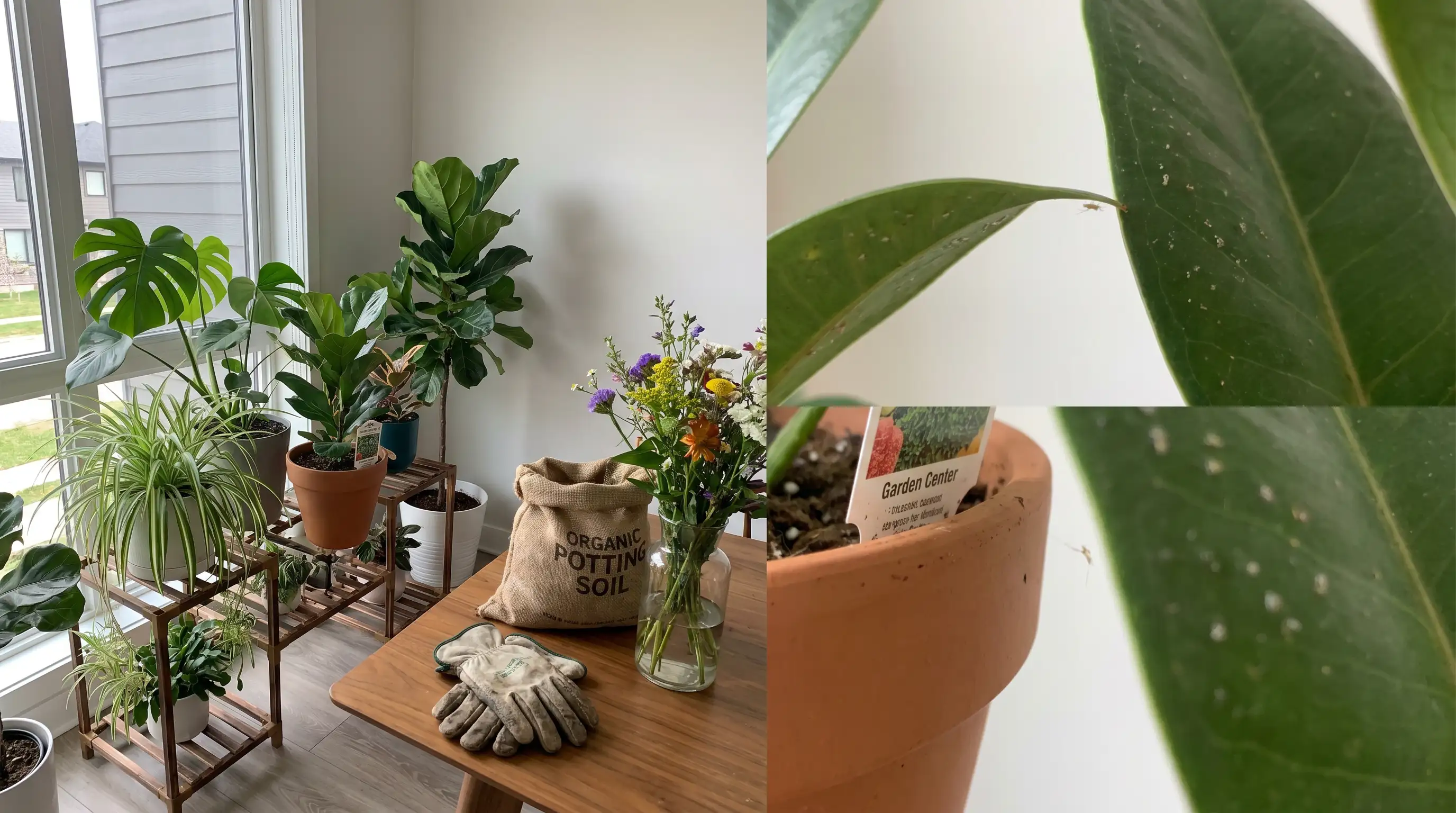 Magnified leaf inspection showing pest signs, helping gardeners learn to get rid of bugs on indoor plants early.