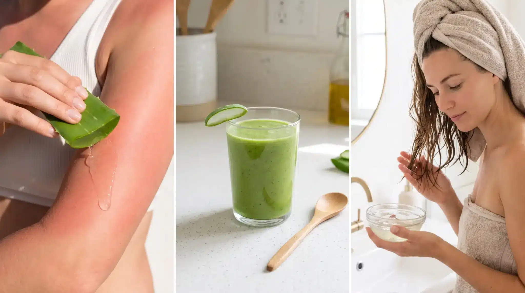 Fresh aloe gel being applied to skin, blended into a smoothie, and worked through hair