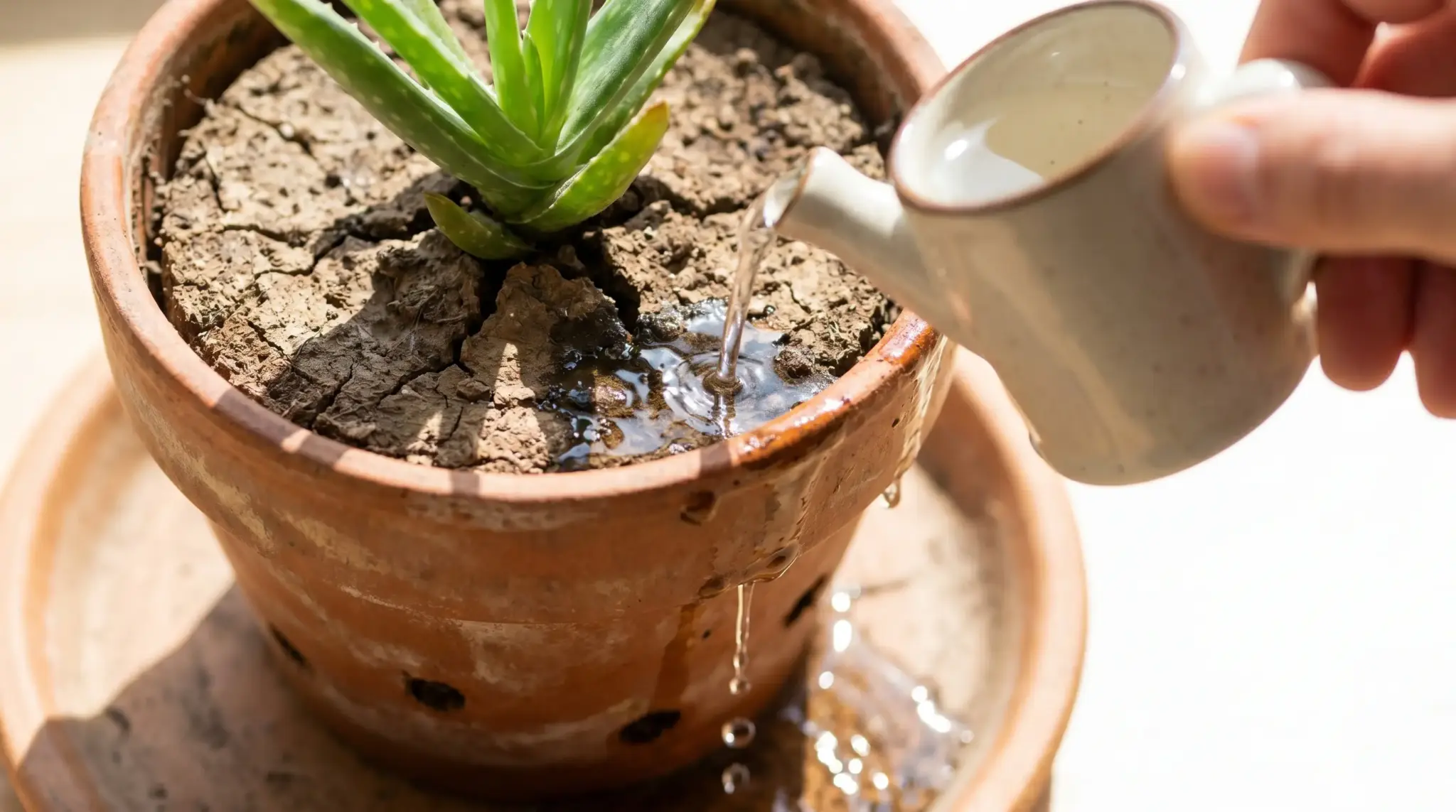 Water being poured slowly onto the soil of a potted aloe vera plant