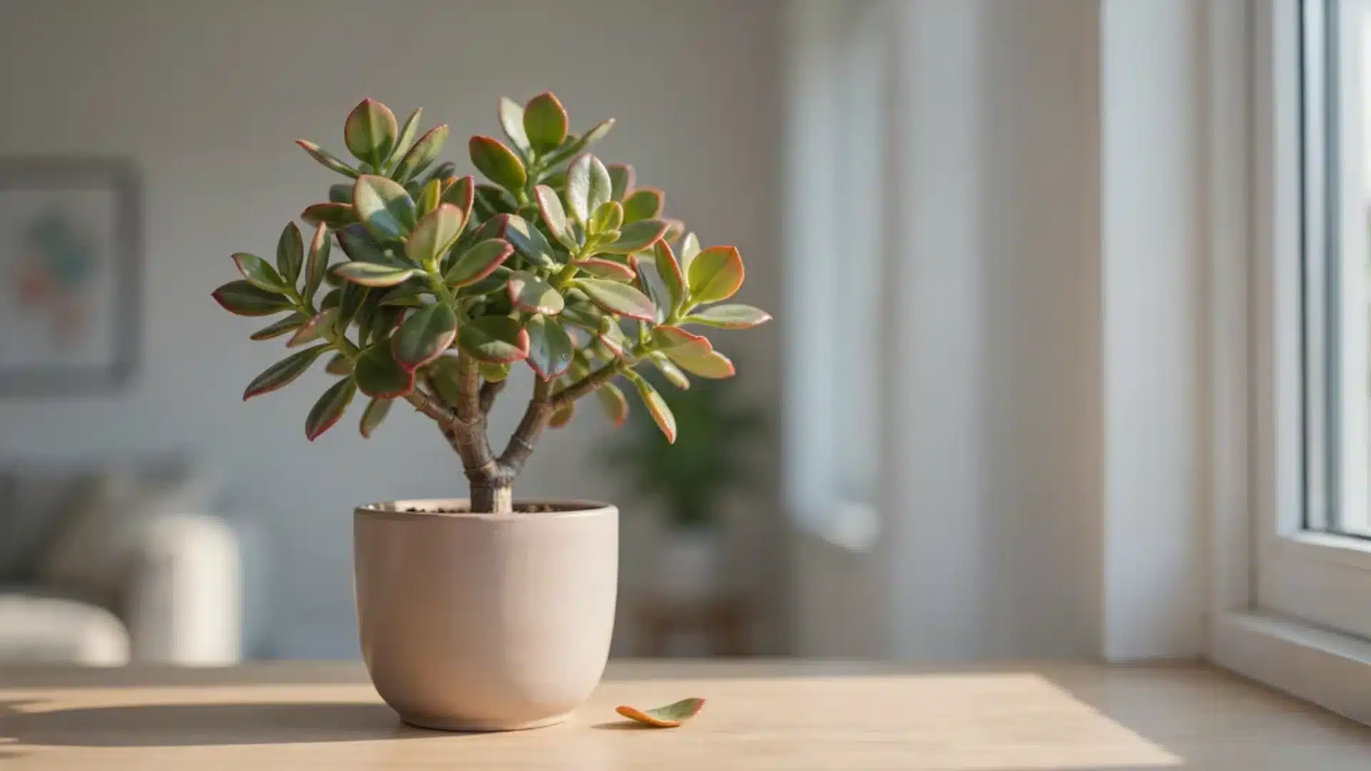 Hummel's Sunset jade with golden-yellow leaves tipped in red near a bright window.