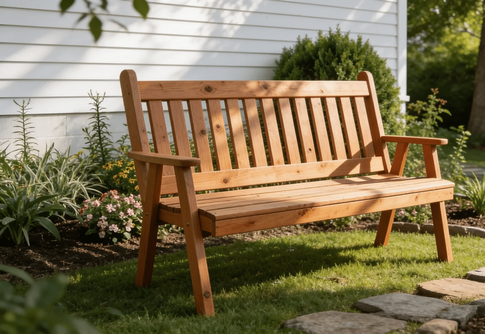 Wooden patio bench placed on grass with flowers and stepping stones nearby.