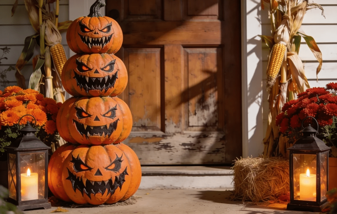 Pumpkin topiary decoration displayed on a Halloween porch.