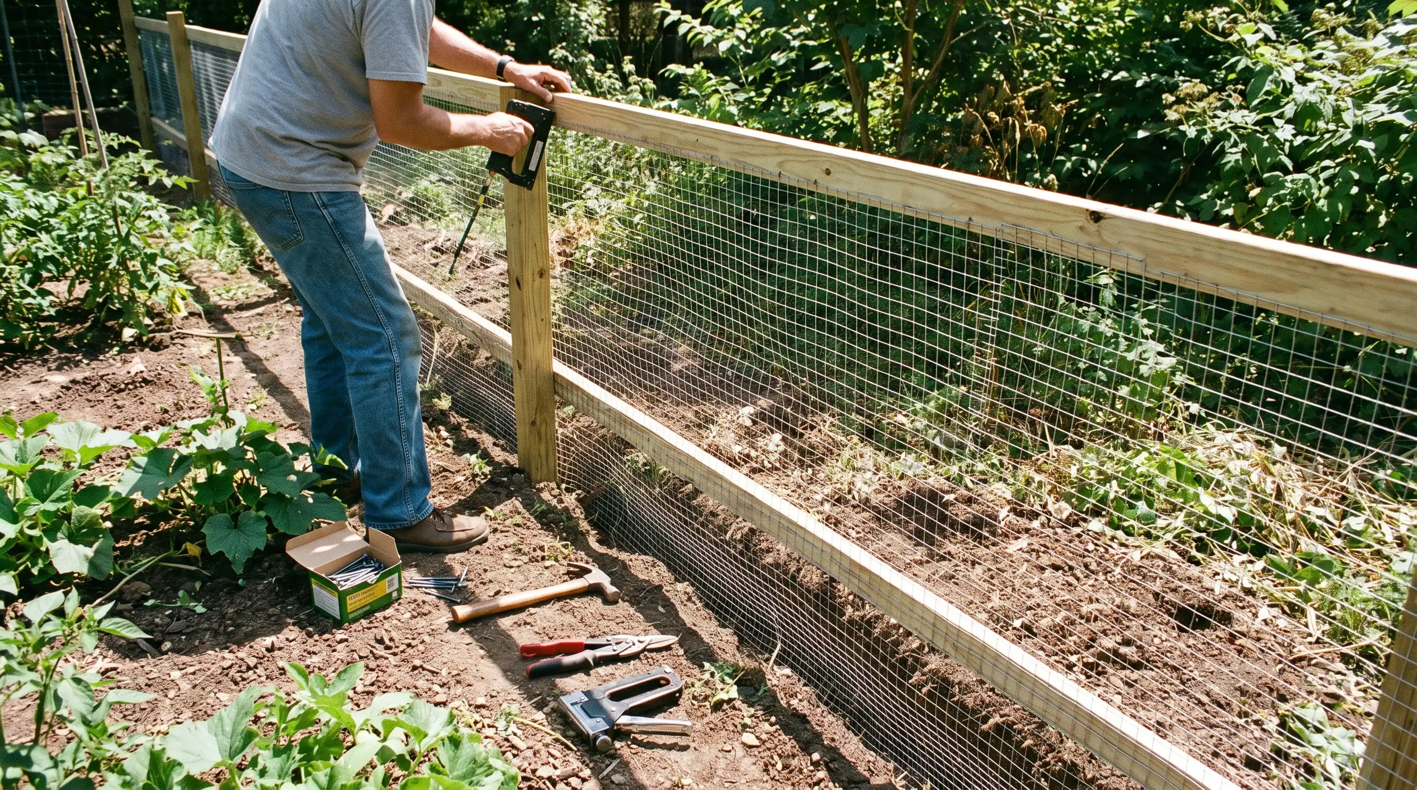 Attaching wire mesh fencing to wooden posts with rails and tools during installation