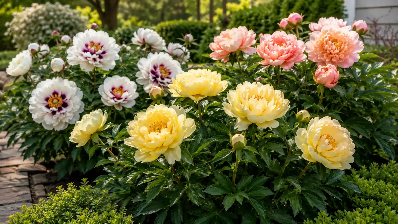 Yellow, peach, pink, and white Itoh peonies blooming on sturdy stems in a sunlit garden bed.